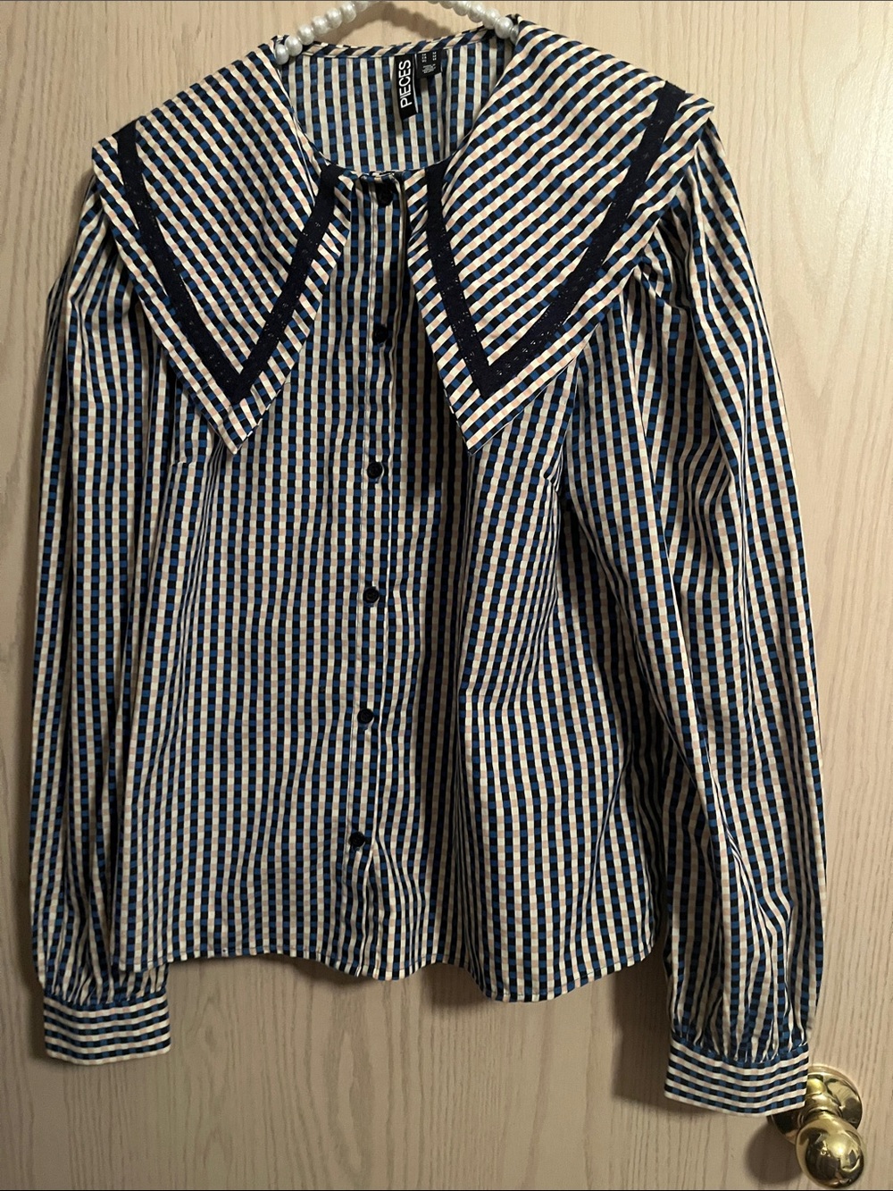Blue and White Gingham Button-Up Top with Sailor Collar